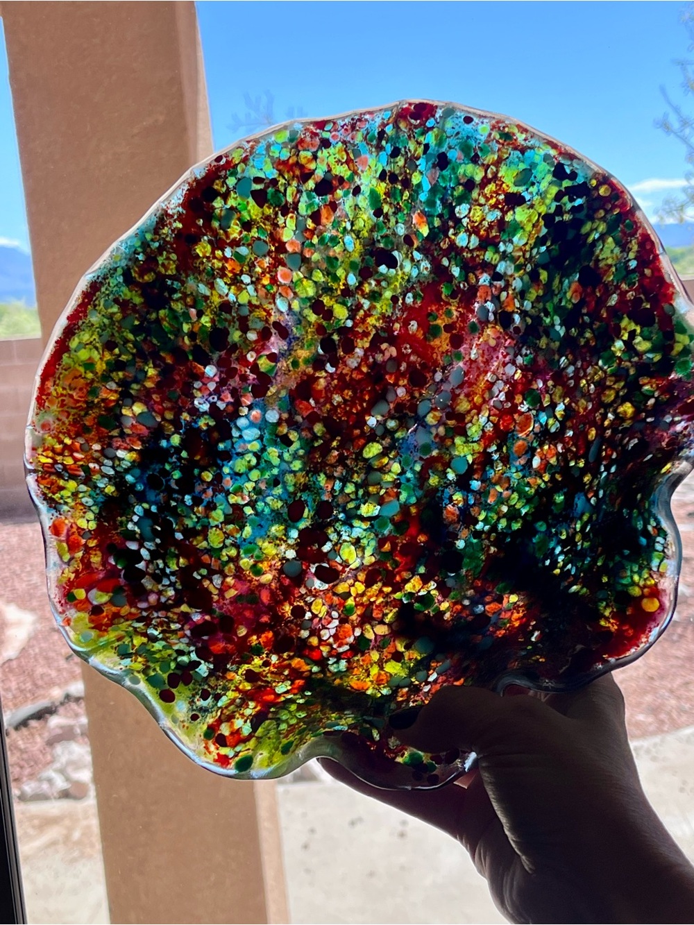 Handmade artisan fused glass art bowl 10.5” vibrant multicolored confetti design